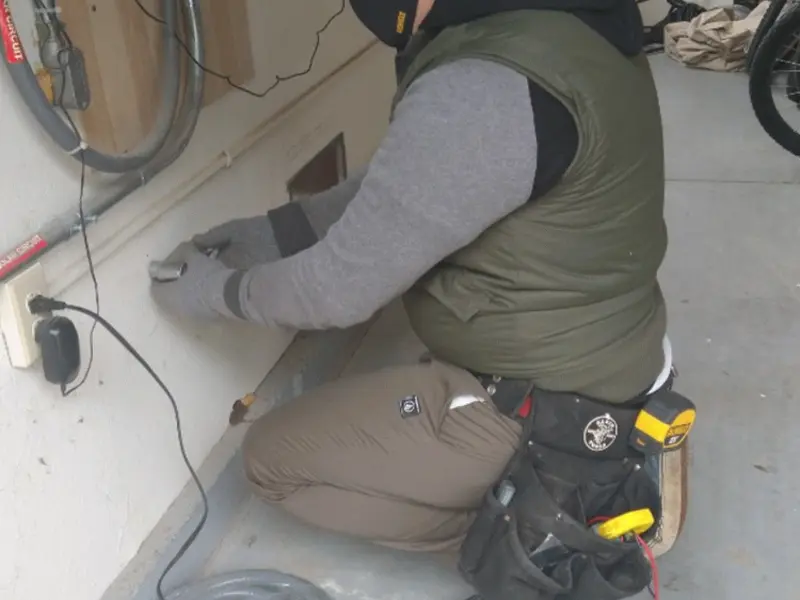 Electrician performing outlet wiring in a Madison garage